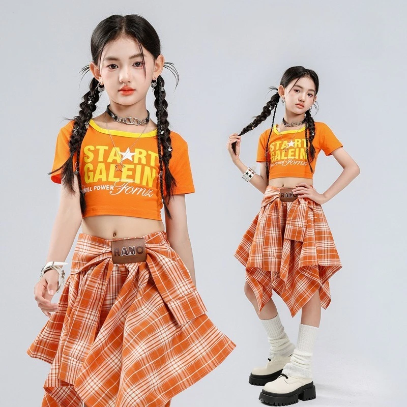 

New Girls Hip Hop Cool Streetwear Clothes Sets Fashion Orange Crop Top Plaid Skirt Jazz Stage Wear Group Street Dance Costumes