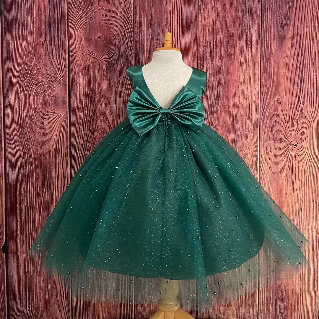 Aangepaste glanzende smaragdgroene bloemenmeisjesjurken verjaardag enkellange bruiloft feestjurk mouwloze strik optocht heilig