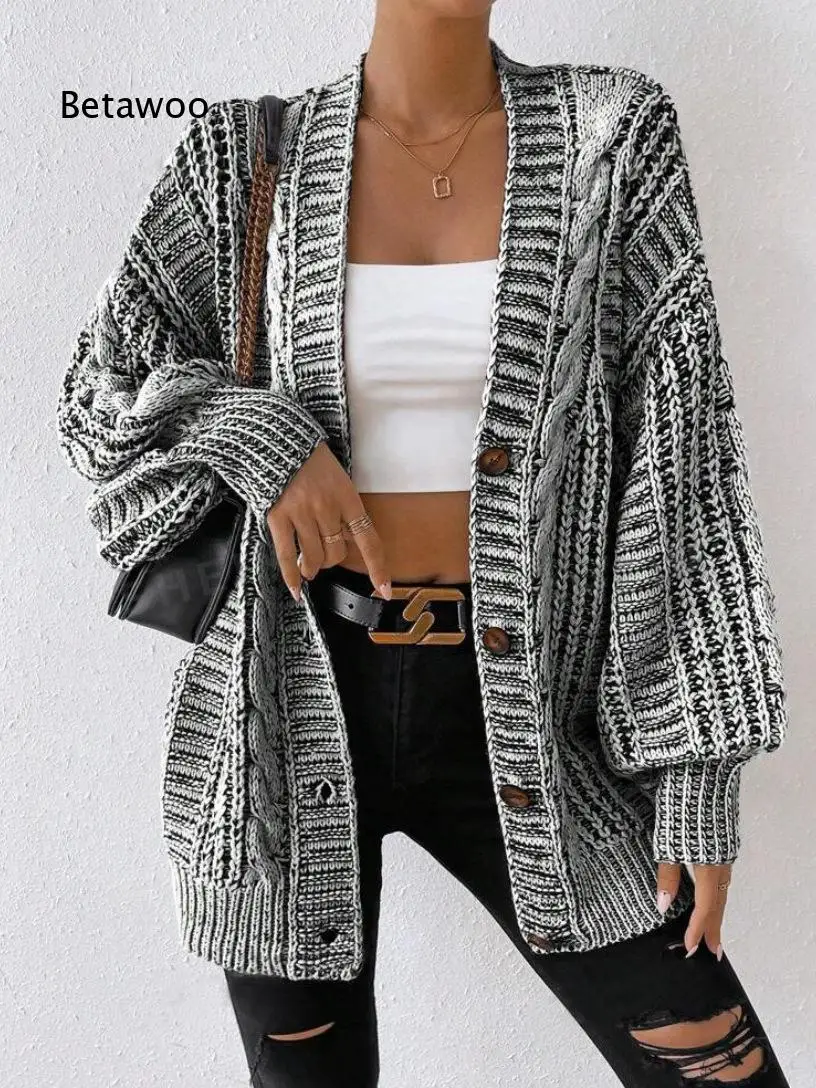 Autumn Daily Casual Outer Coat For Women Long Lantern Sleeve Cable Knit V Neck Button Closure Loose Mixed Color Outerwear
