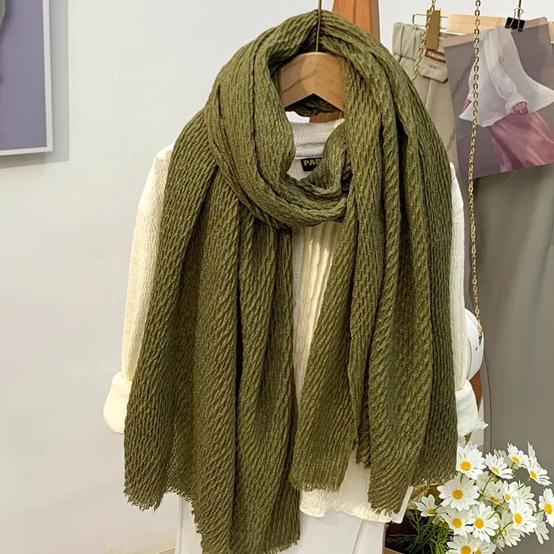 Solid Color Cotton Linen Scarf for Women Lady Long Tassel Scarves Autumn Soft  Wrap Shawls Pleated Tassel Muslim Woman Hijabs