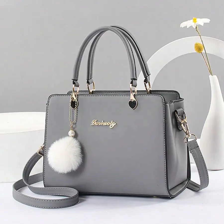Gray Structured Top Handle Crossbody Bag with Fluffy Pom-Pom Charm