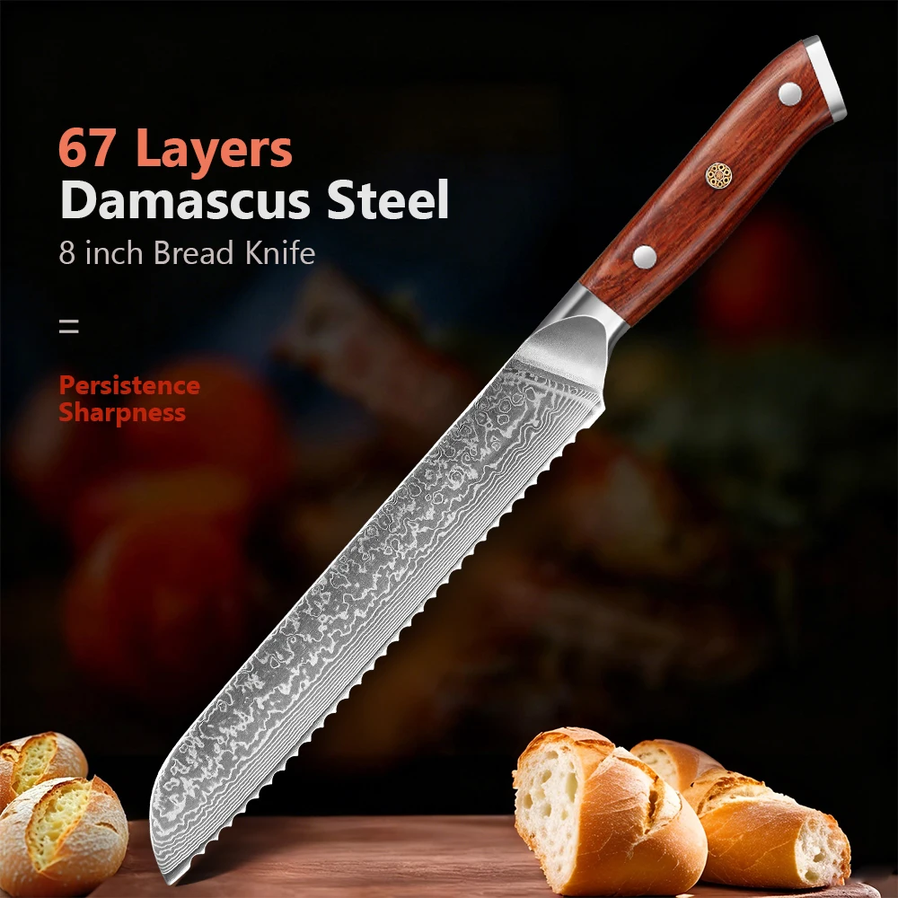 8 "Brot Messer Damaskus Stahl Professionelle Koch Messer Palisander Griff Küche Schneiden Kuchen Toast Slicer Gezahnt Backen Werkzeuge