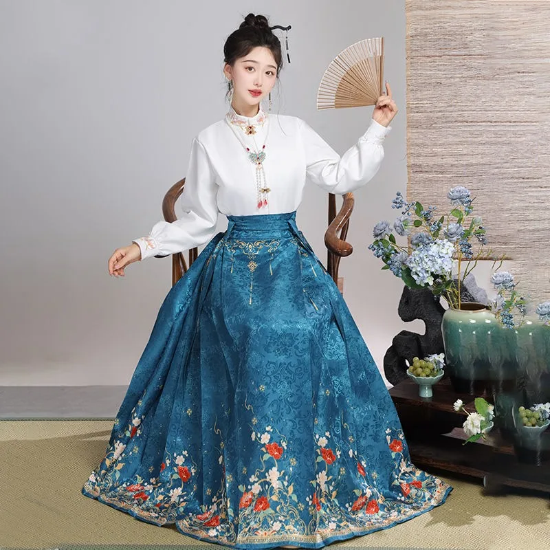 Chinese Style Traditional Pleated Skirt For Women Black Mamianqun Hanfu improved Hanfu casual solid color shirt set 2024 New