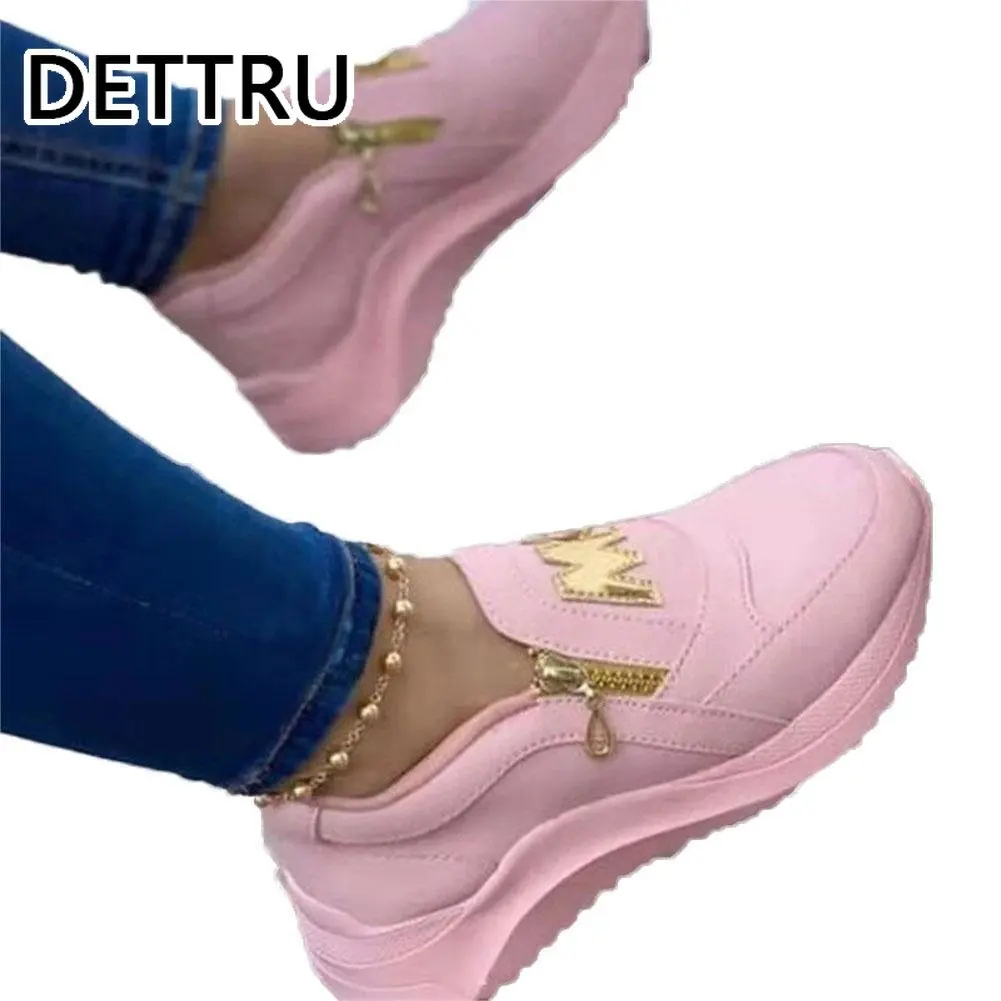 DETTRU Women Sport Shoes Thick Bottom Solid Color Ladies Vulcanized Sneakers Ladies Fashion PU Shoes Ladies Zipper Sneakers