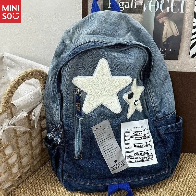 

Miniso Star Print Japanese Backpack | Canvas & Denim Mix, Student Daypack