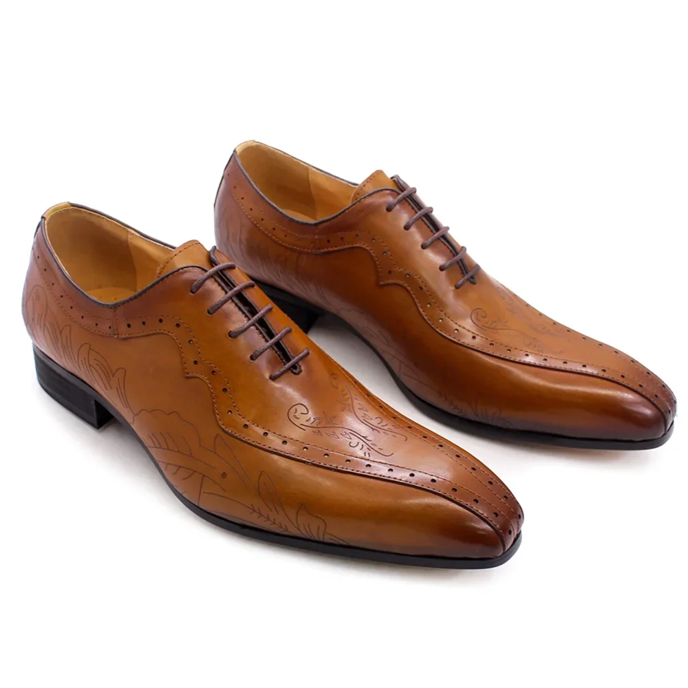 Italian Style Men's Genuine Leather Oxford Dress Shoes Brown/Black High Quality Lace-Up Formal Suit Footwear for Wedding