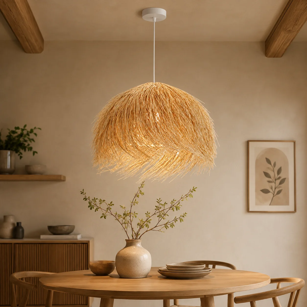 JOYINLED 50CM Beige Rattan Pendant Light Handwoven Wicker Hanging Lamp E27 Boho Chandelier for Dining Room Restaurant Bar Decor