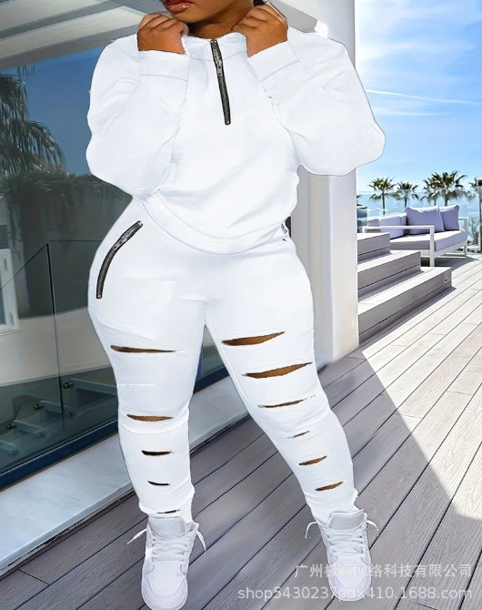 Casual Tow Piece Set Women Outfit 2024 High Neck Long Sleeve Zipper Pocket Design Top & High Waist Pants Set Street Tracksuit