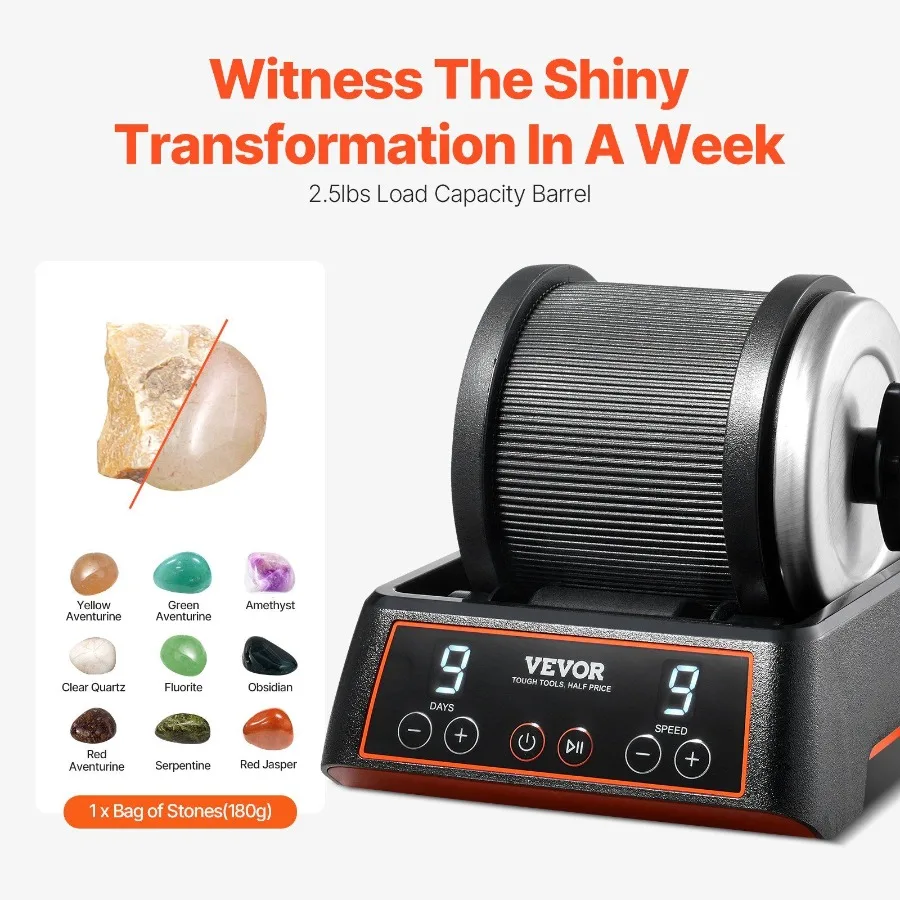 Rock Tumbler Kit 2,5 lbs Rock Polijstmachine 9 snelheden 9 dagen timer met korrels
