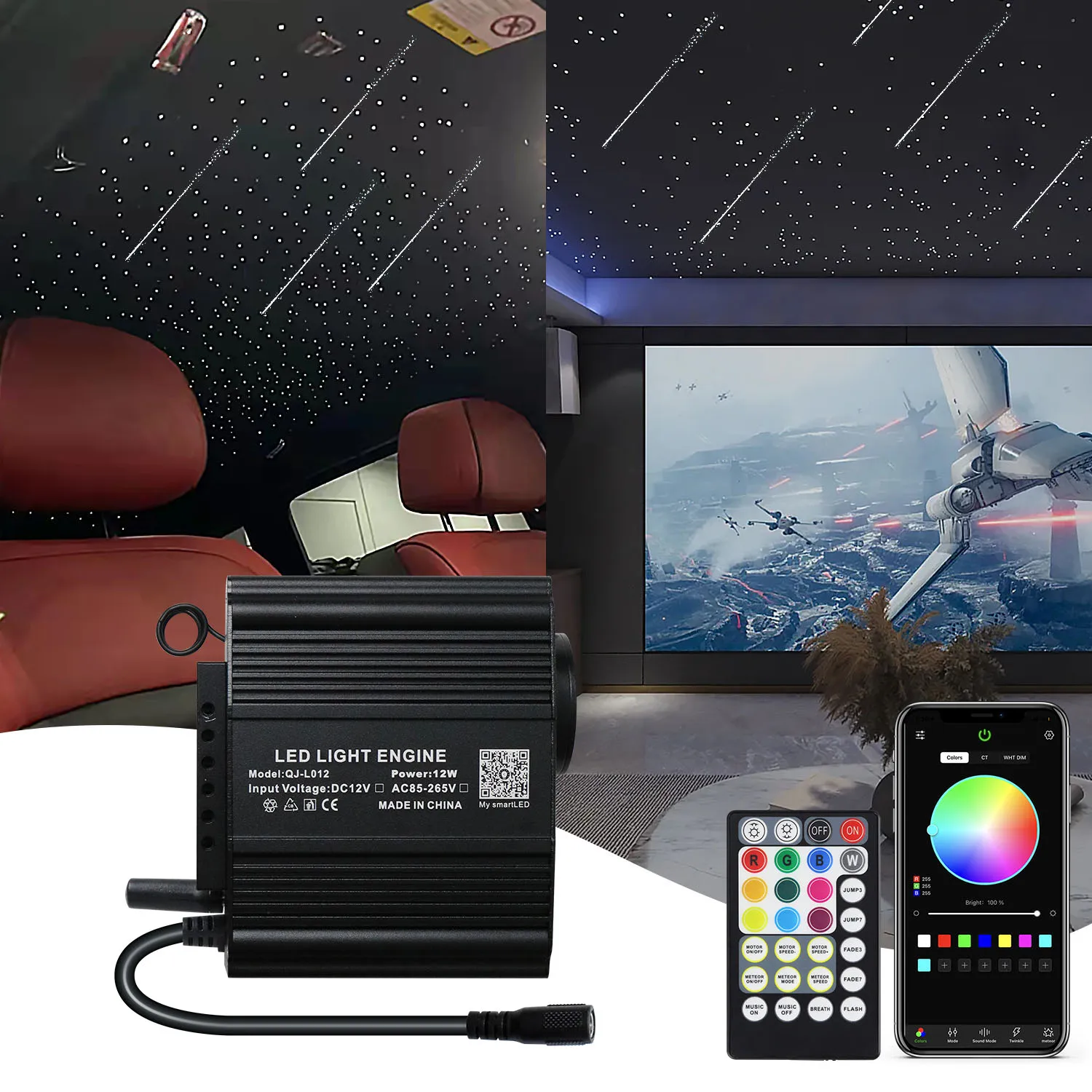 12W Twinkle RGBW Twinkle&White Meteor 2-in-1 Fiber Optic Starlight  APP Fiber Optic Star Ceiling Kit  for Car Starry Ceiling
