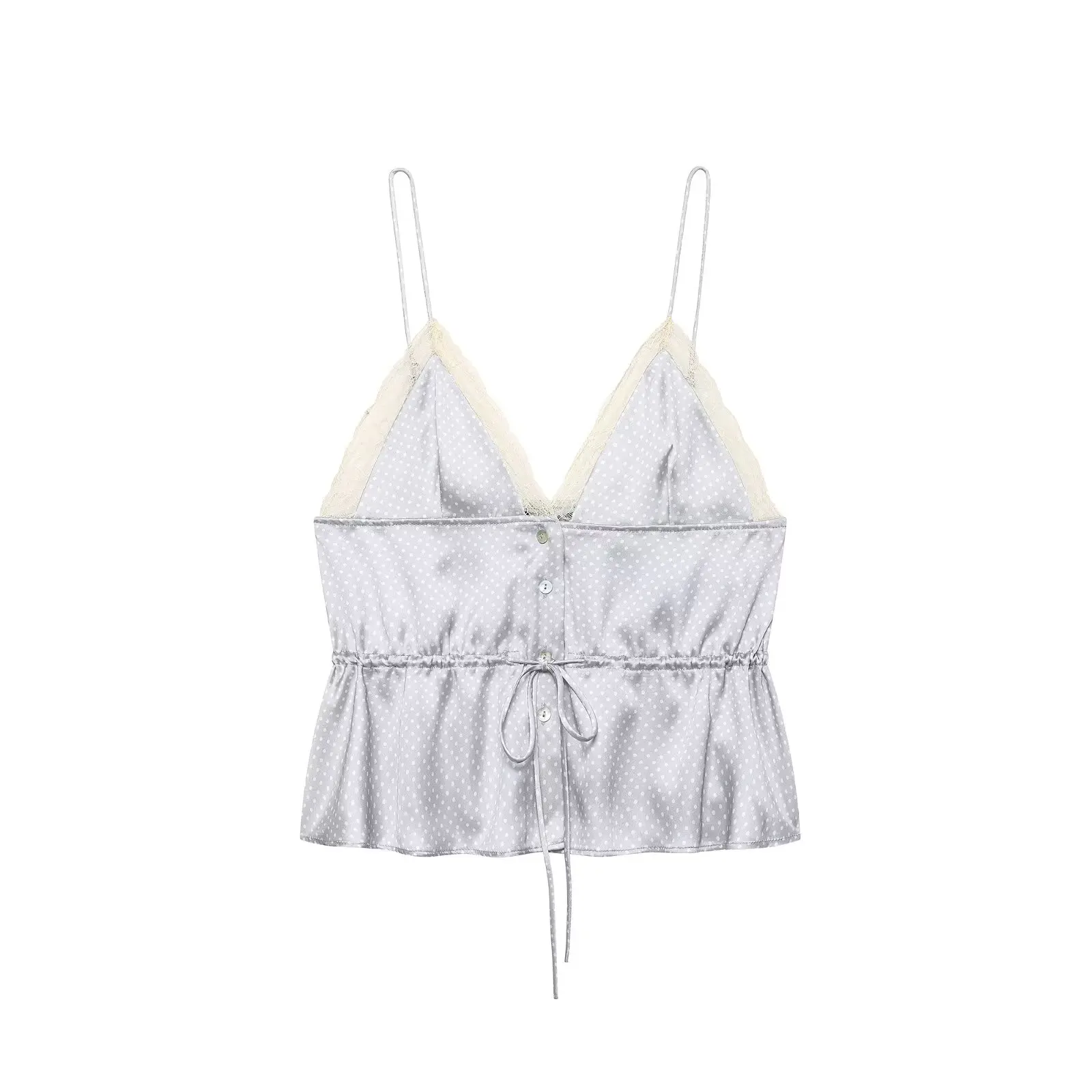 HH Polka Dot Satin Cami Top für Damen 2026 Sommer Spitzenbesatz Spaghettiträger Peplum Top Elegant Alltag Urlaub Strand Loungewear – Detail 2