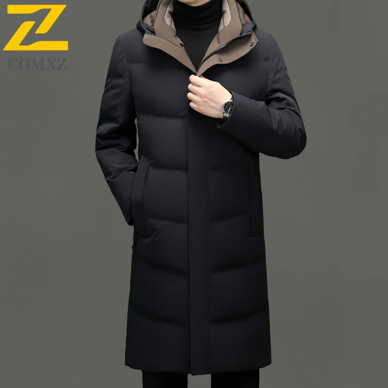 COMXZ Winter Thickened Down Coat 2025 New Men Long Hooded Business Casual White Duck Down Thermal Outerwear Windproof Parka