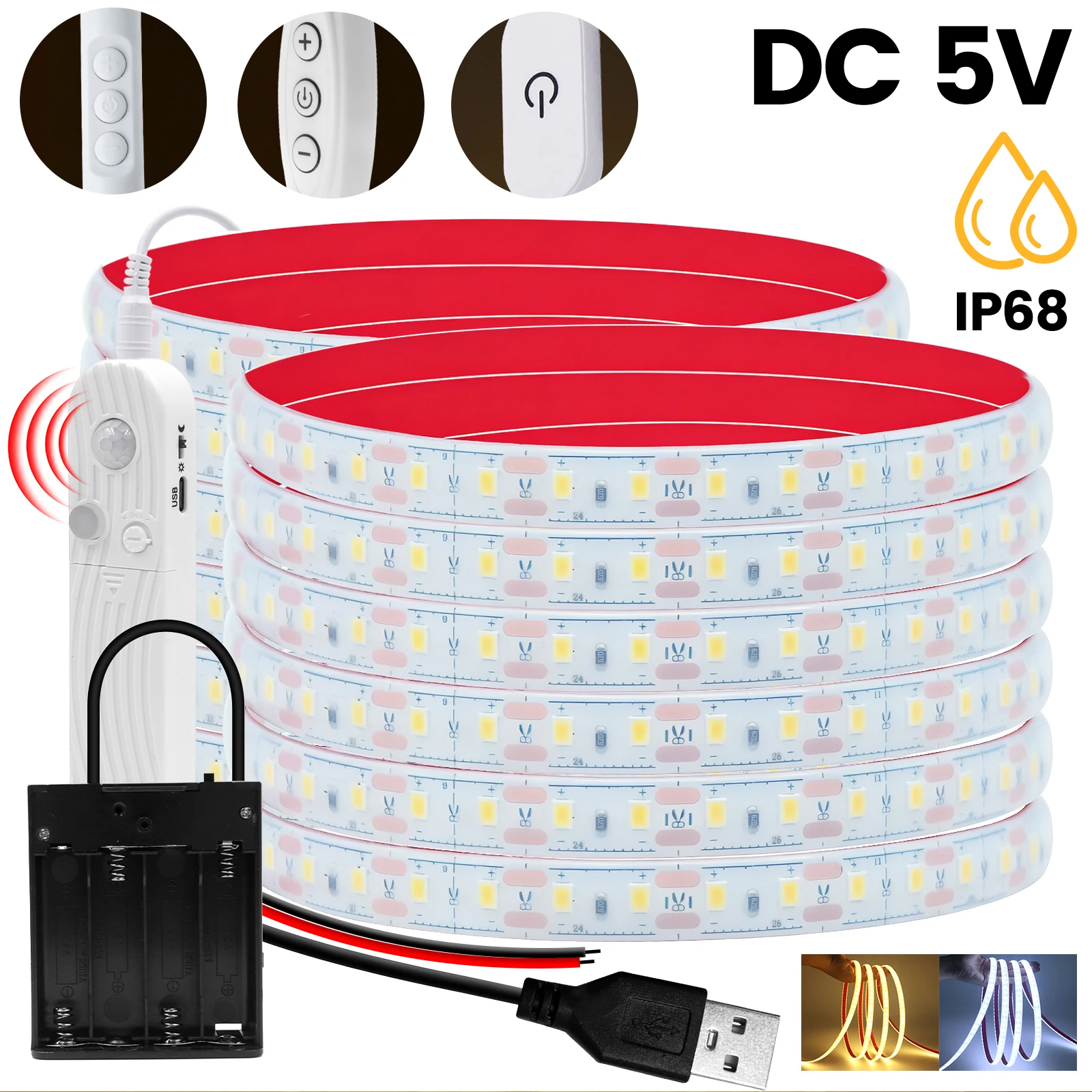 

IP68 Waterproof 5V COB LED Strip USB Power Tape Light 120Led/m With Switch/Touch Dimmer/Sensor Battery Box 3000K 6000K Flex Lamp