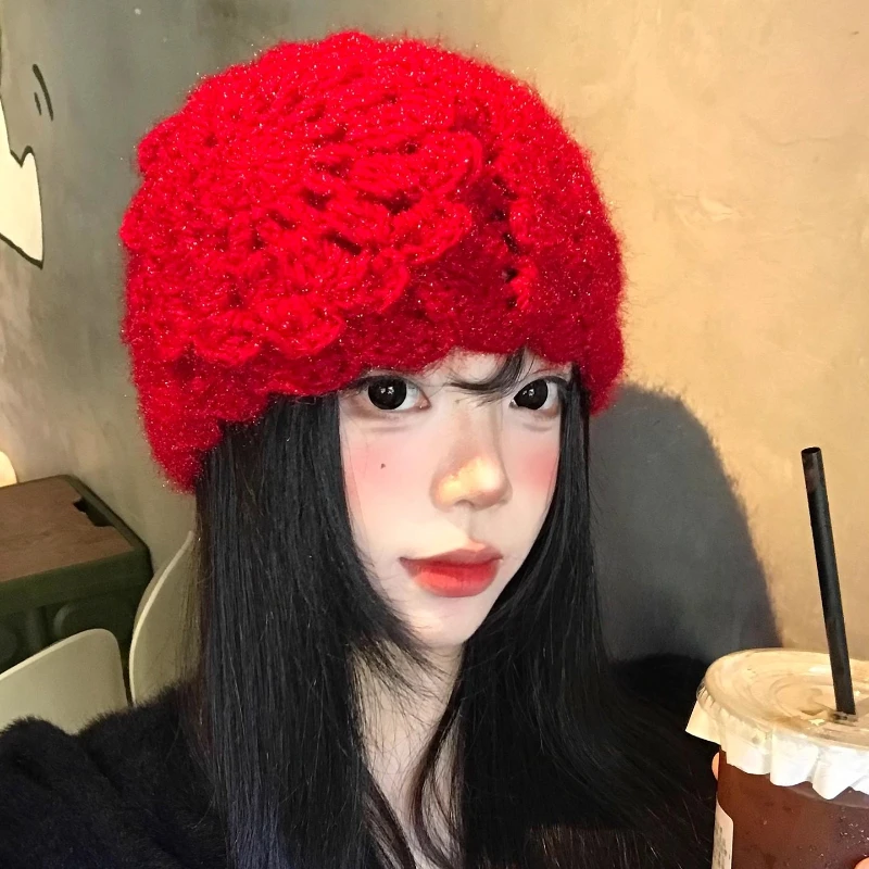 جديد اليد الكروشيه ثلاثية الأبعاد زهرة البلوز القبعات للنساء الخريف والشتاء السفر صور جو تنوعا عادية الدافئة بيني