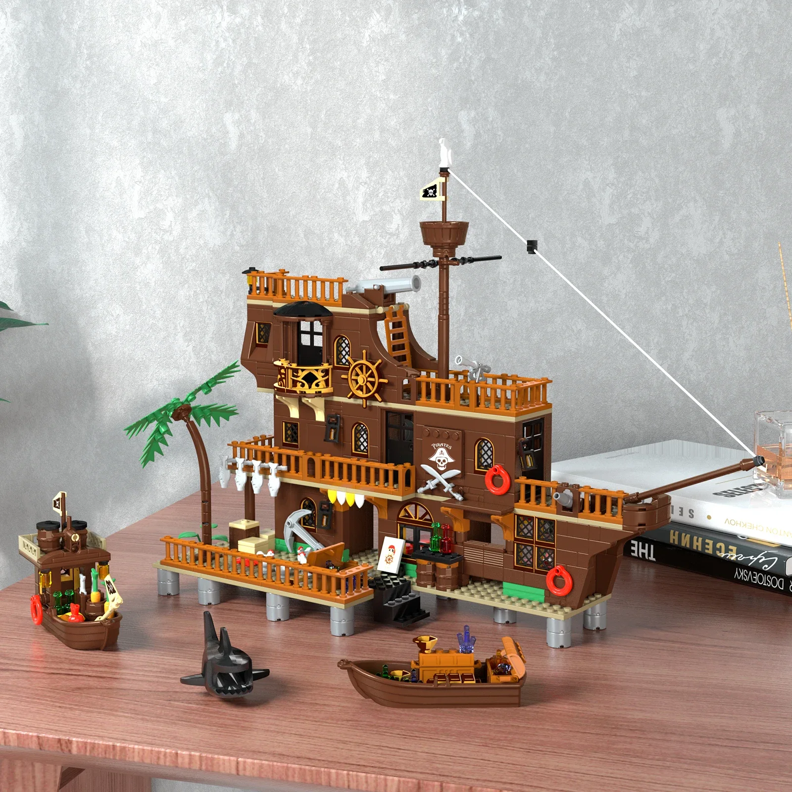 

Пиратский корабль MOC, средневековая Пиратская крепость, замок, набор строительных блоков, модель парусного судна, игрушка, транспортный корабль, здание для детей, подарок