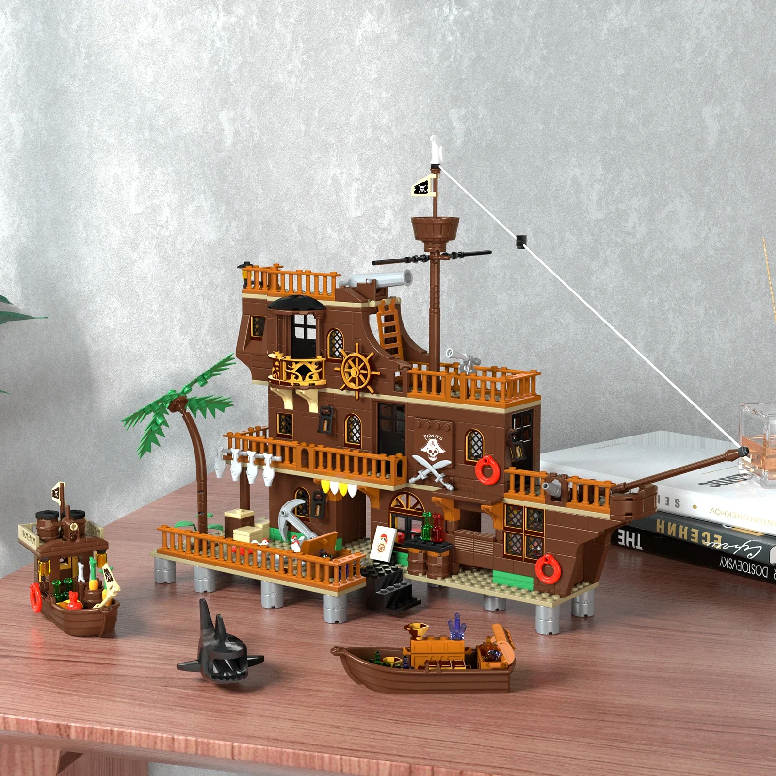 

MOC Pirate Ship Medieval Pirate Fortress Castle Building Blocks Set Sailing Model Toy Transport Ship Building for Children Gift