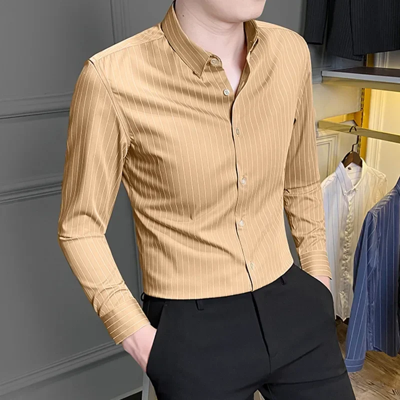 Men Shirt Long Sleeve 2024 Spring Summer Casual Shirt Striped Male Social Business Dress Shirt Slim Fit Fashion Wear