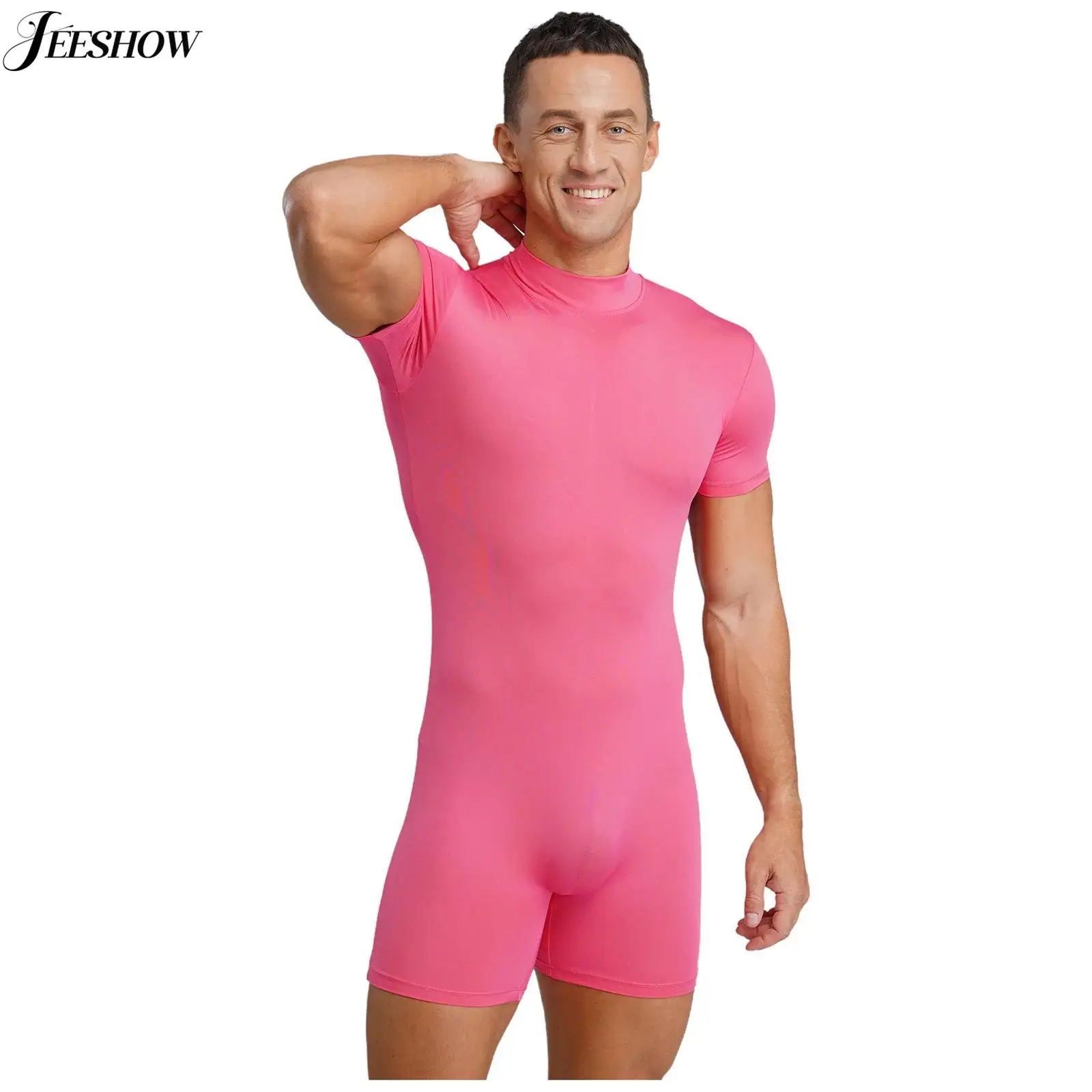 

Mens One Piece Bodysuit Solid Color Mock Neck Short Sleeve Compression Leotard Undershirts Gymnastics Fitness Jumpsuit