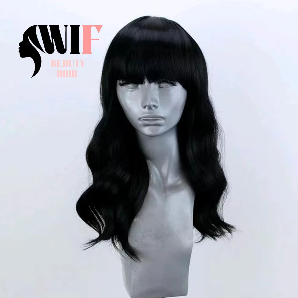 WIF Black Hair with Bangs Body Wave Synthetic Lace Wig Natural Hair 1B Black Color Lace Front Wigs Women Daily Makeup Use