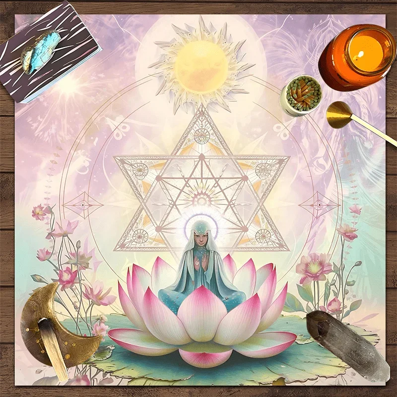 Sacred Geometry Lotus Meditation Square Altar Cloth Mysterious Goddess Floral Tarot Divination Cloth Table Mat Tapestry Wall