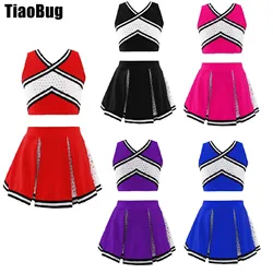 Kids Girls Cheerleading Dance Outfit Sleeveless Crisscross Striped Front V Neckline Top with Elastic Waistband Skirt