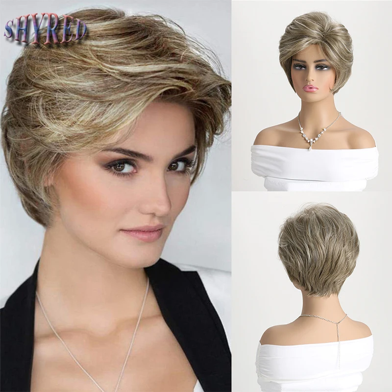 

Synthetic Hair Short Straight Mixed Flax Brown Wig Pixie Cut Wigs For Women Daily Wear Wig With Bangs Heat Resistant Fiber