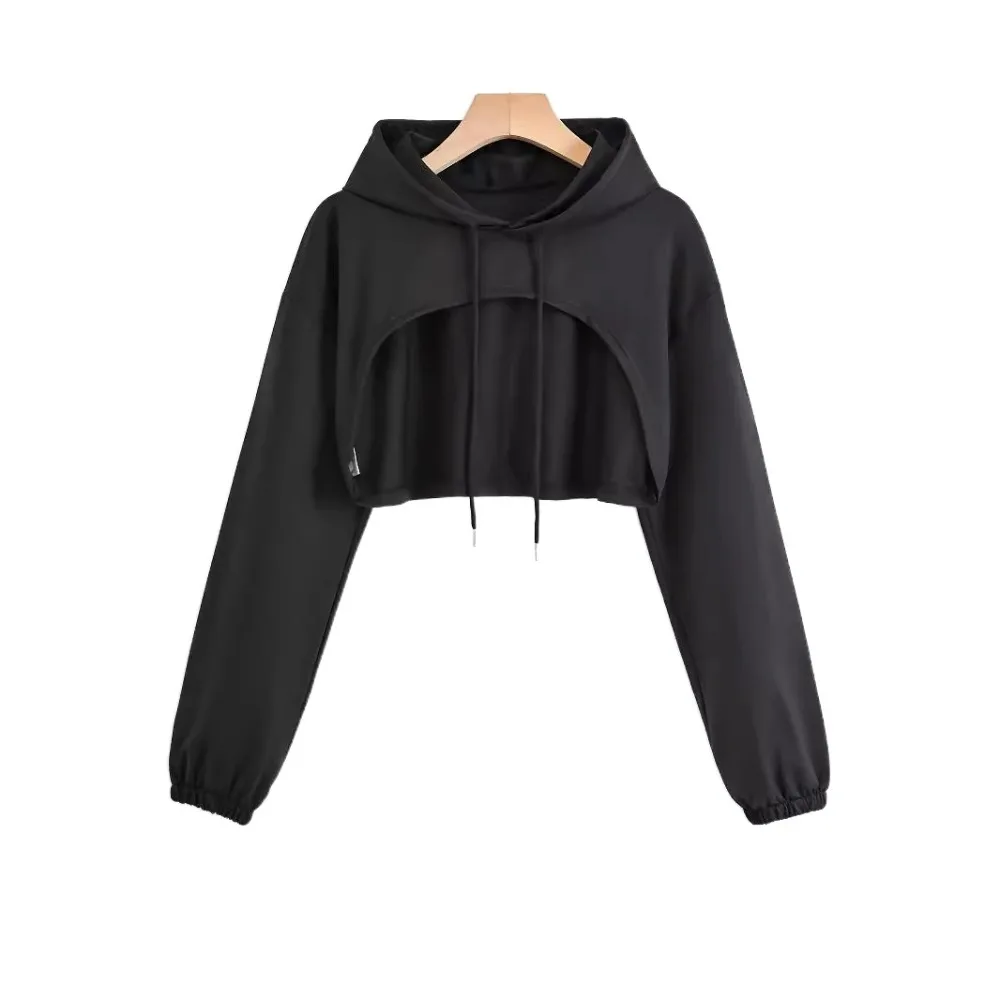 

Y2K Casual Women Drawstring Hoodie Irregular Crop Ultra Short Style Cutout Loose Super Crop Top Solid Color Yoga T-shirts