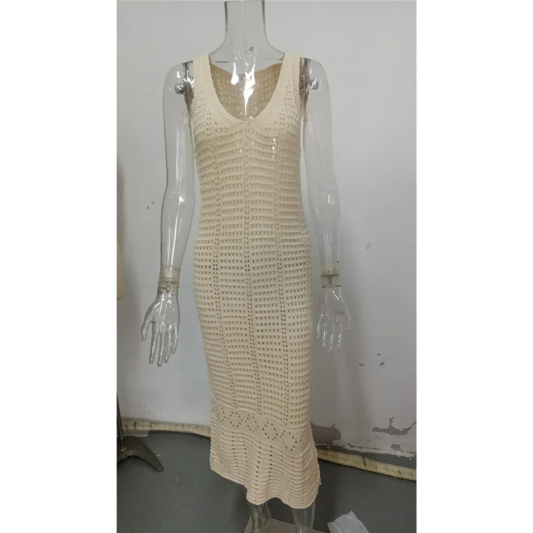 S - XL 2026 V-Ausschnitt, ausgehöhlte, gehäkelte, gestrickte Tunika, Strand-Cover-up, Strandkleid, Strandbekleidung, Damenmode V5699 – Detail 10