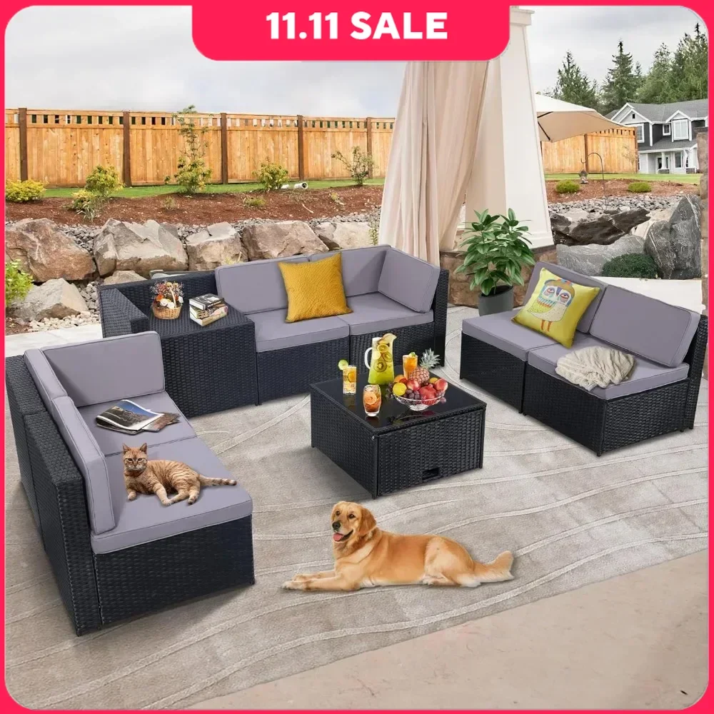 

Garden Sofas Wicker Rattan Patio Furniture Sectional Set, Glass Top Table with Hidden Storage, 7 Sofa Sections, Garden Sofas