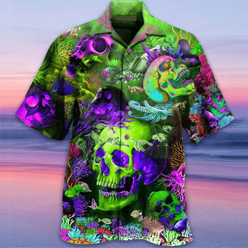 Crânio de Halloween verão novo havaiano masculino casual 3D digital impresso gola cubana casual camisa de praia