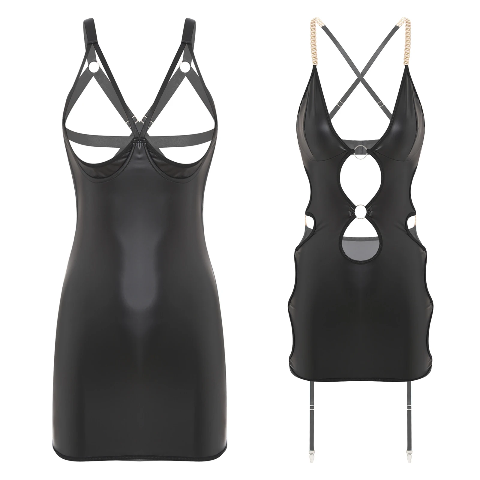 Women's Lingerie Nightdress PU Leather Breast Hollow Out Backless Sling Tube Dress Bodycon Mini Dress for Dating Nightwear