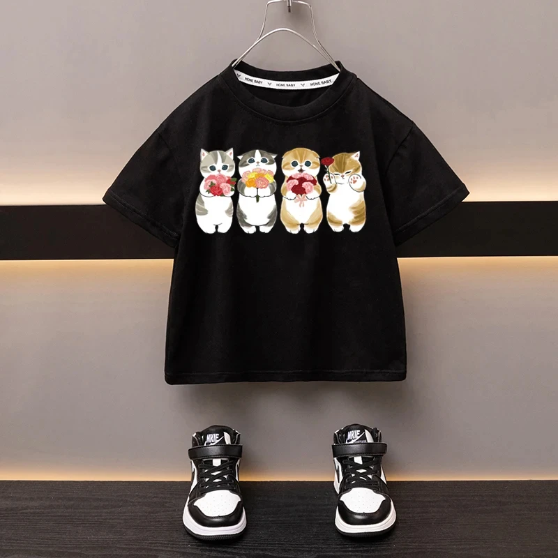 Summer boys and girls cotton T-shirt dress up Cat Black T-shirt breathable cartoon top children's short-sleeved clothing