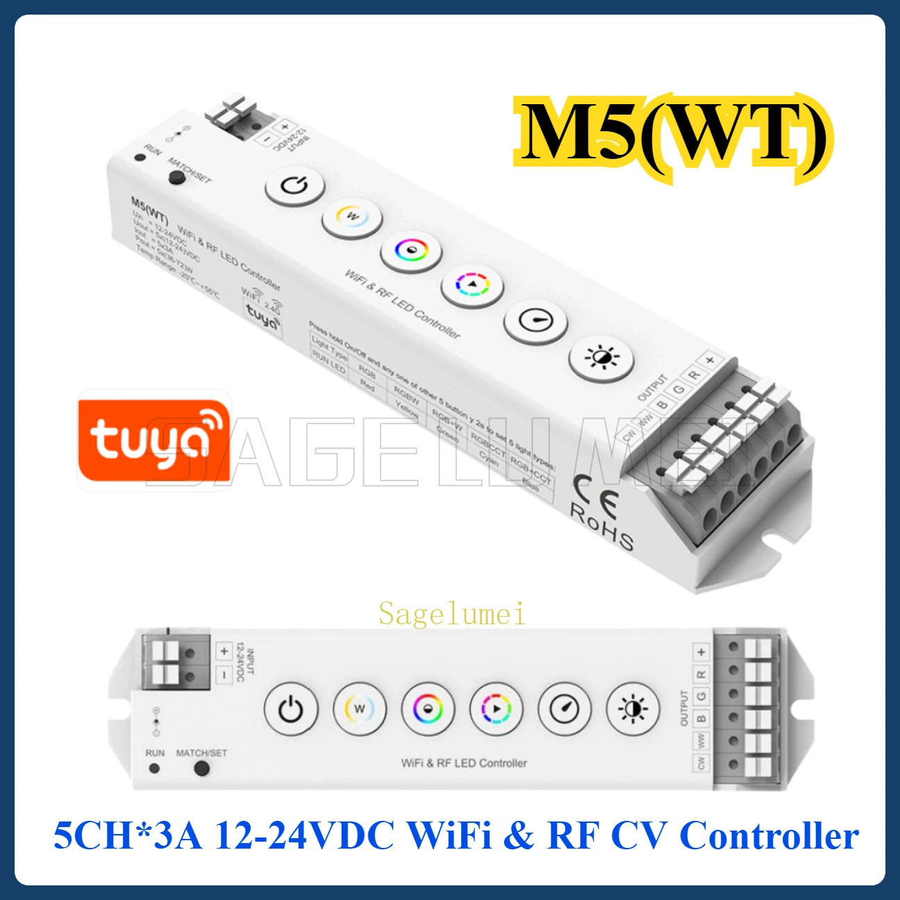 M5 (WT) 6 Buttons Constant Voltage Output 5CH*3A Tuya Alexa Control for RGB RGBW RGBCCT LED Strip 12-24VDC WiFi&RF CV Controller