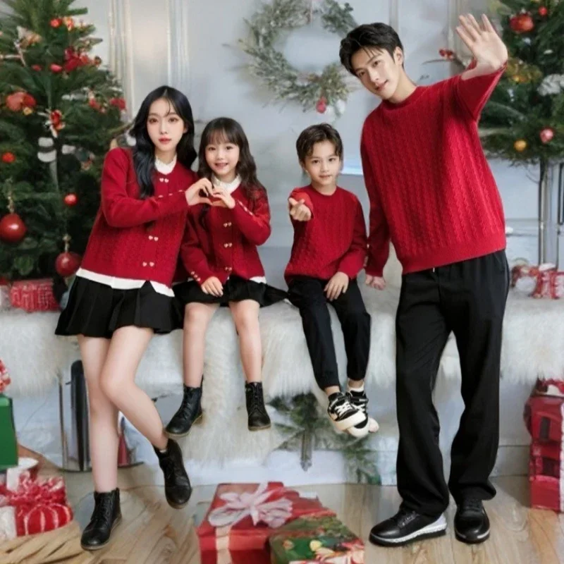 Family Matching Red Sweater Mom Daughter Knit Cardigan Dad Son Pullover Winter New Year Christmas Parent-child Couple Outfits