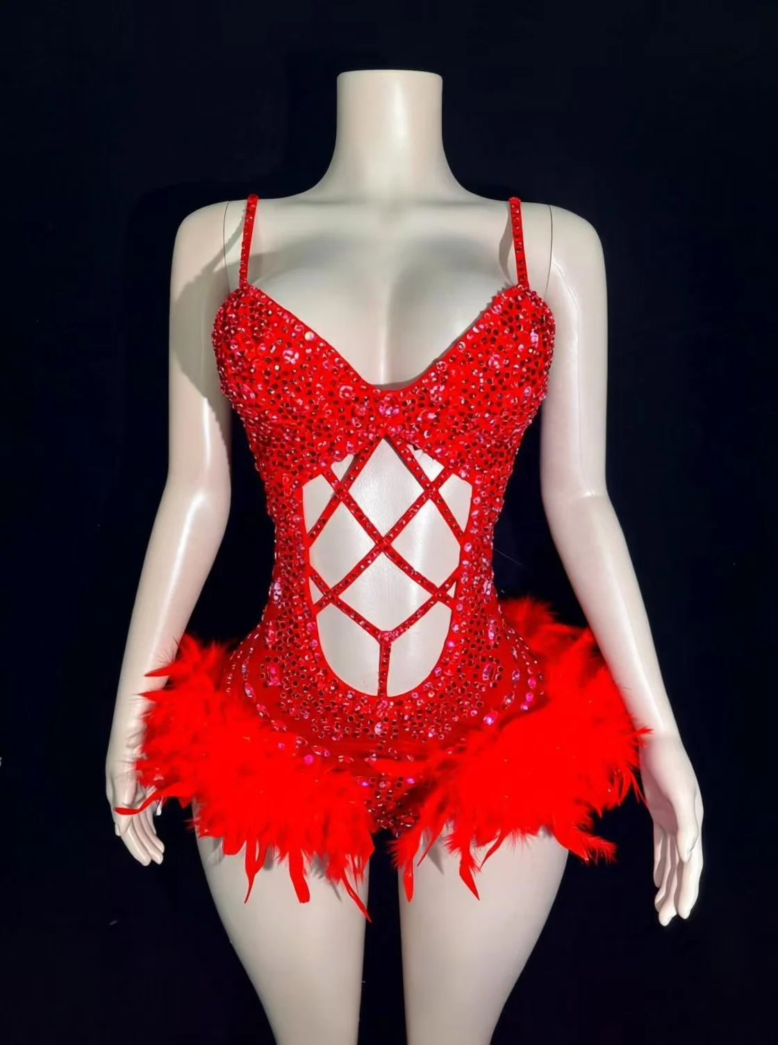 Body Sexy scintillant rose rouge argent avec plumes et strass pour femmes, Costume de danse ajouré, vêtements de scène pour chanteur et danseuse