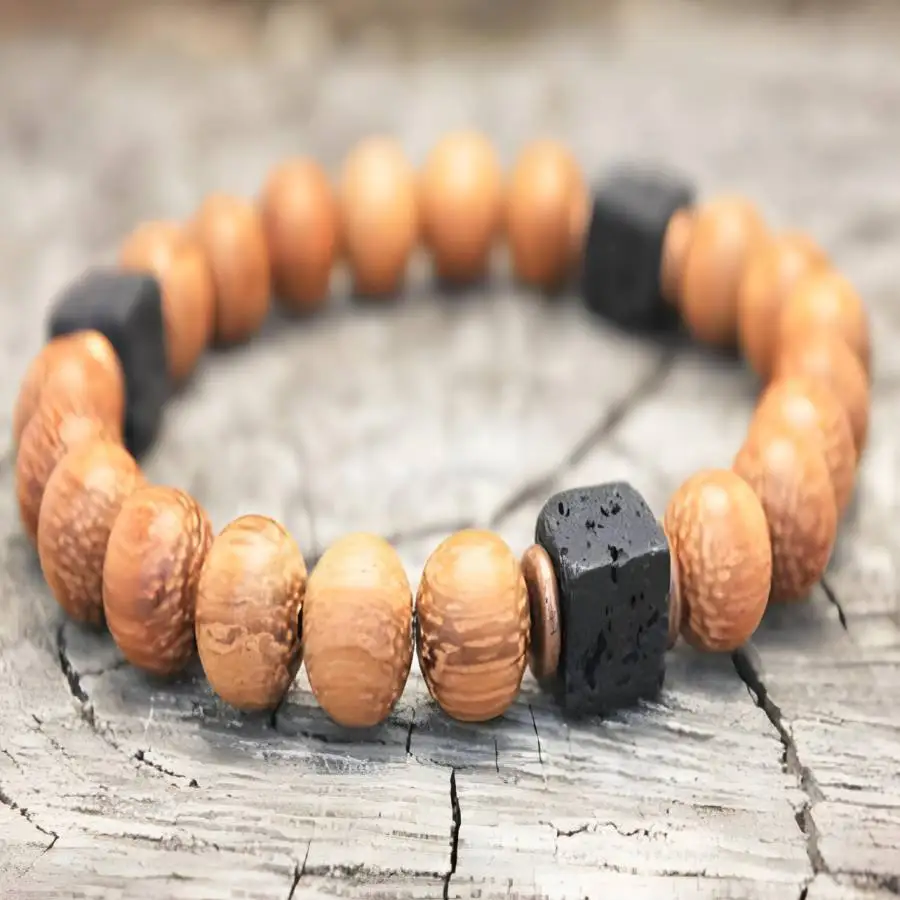 Wood Square Volcanic Stone Bracelet Buddha Beads Gemstone Buddhist Mala Buddha Japa Women Tibetan Hand Stone Bead elastic
