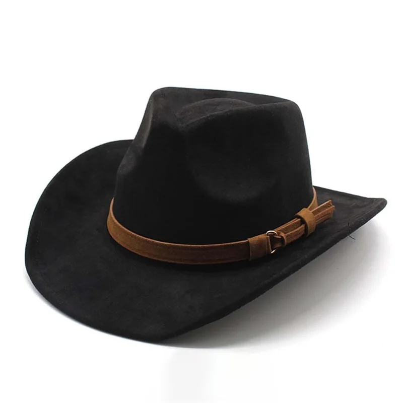 HEZIOWYUN-Chapeau de Cowgirl en Feutre Unisexe pour Homme et Femme, Chapeau Western Vintage à Large Bord Doux avec Ceinture pour ix