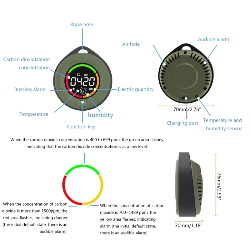 Carbon Dioxide Alarm Meter CO2 Alarm Anti Poisoning Battery Operated Digital Display with Temperature Humidity Detector Dropship