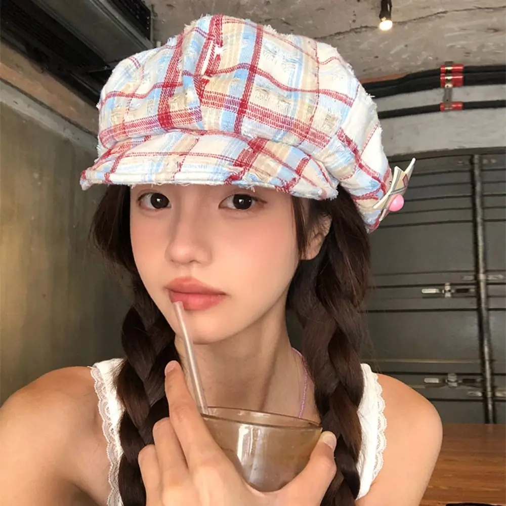 

Retro Korean Plaid Cloud Berets Star Versatile Octagonal Caps Sweet Y2k Painter Hat Streetwear