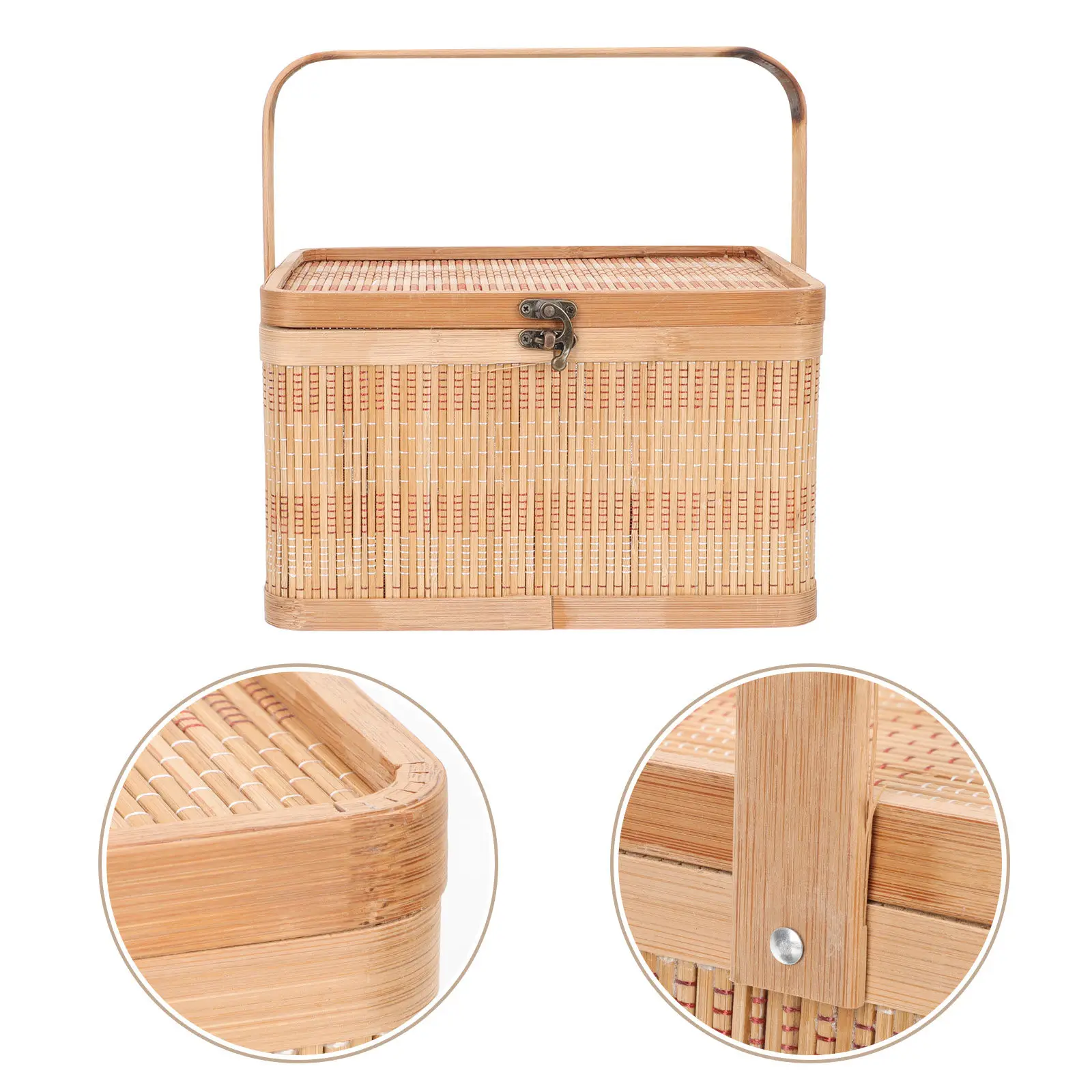 Cesta de bambú con tapa y asa, cesta de almacenamiento de alimentos y frutas, caja de regalo portátil para pasteles de luna, tejida a mano, gran capacidad, para el hogar y pícnic