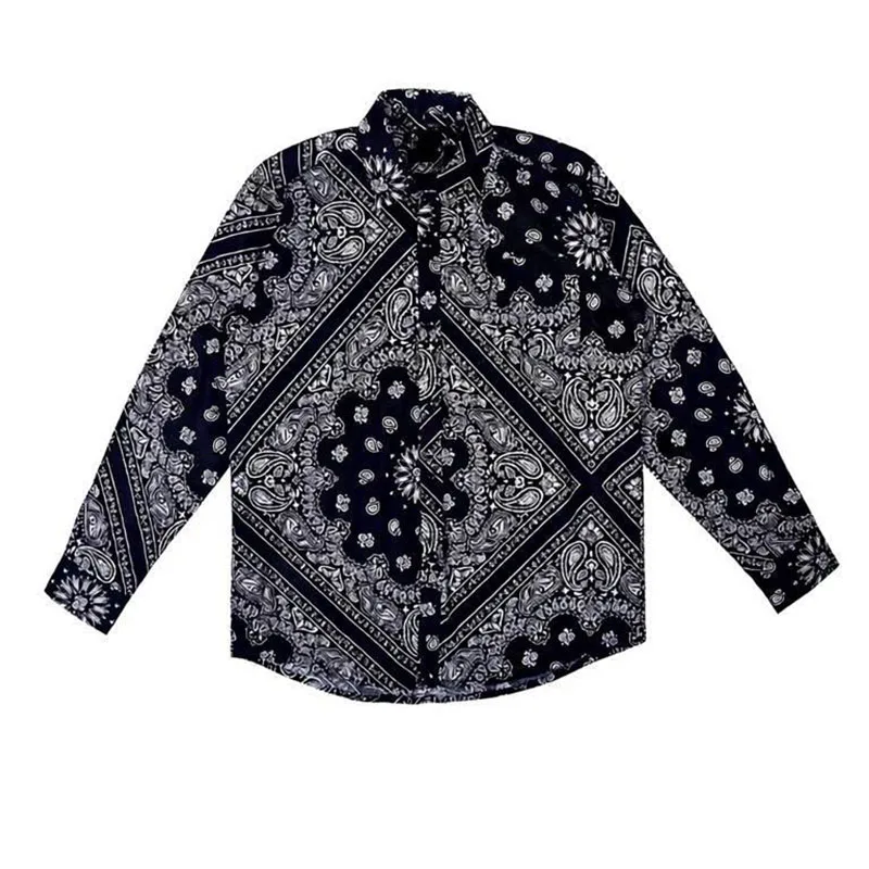 

Streetwear Paisley Print Men Long Sleeve Shirt Turn Down Collar Casual Black Poppin Shirts 100% Cotton