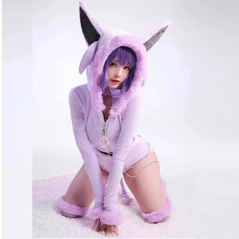 2025 New Anime Espeon Cosplay Costumes Women Sexy Hooded Bodysuit Tail Socks Suit Cute Cartoon Flannel Pajamas Bunny Girl Plush