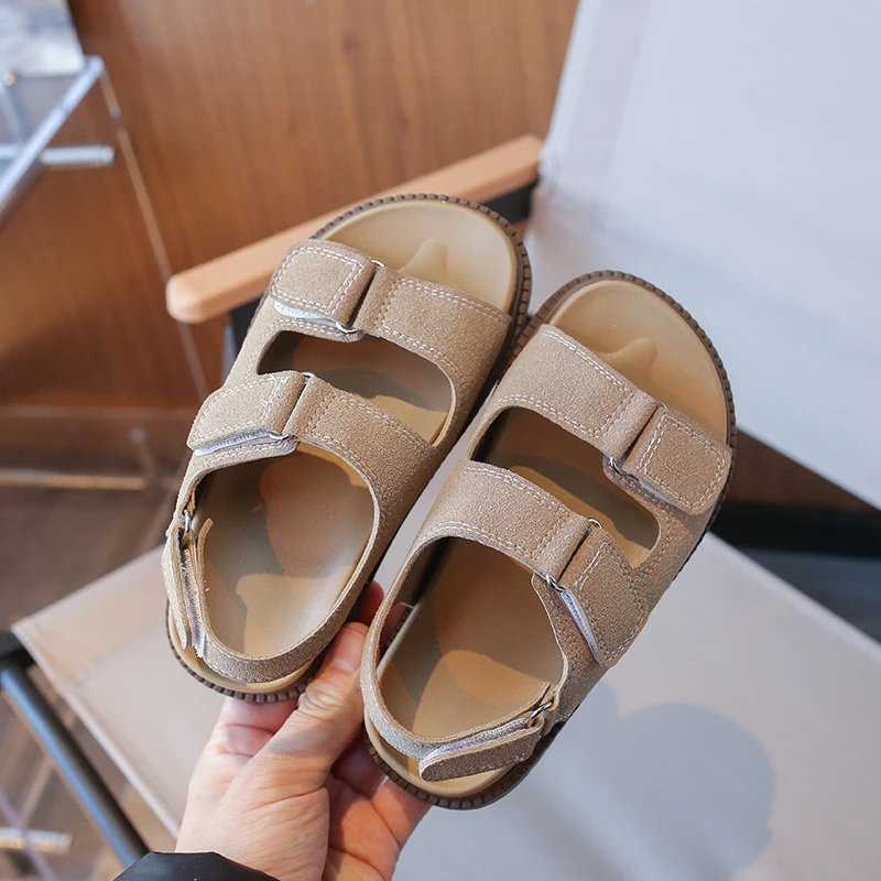Boys Girls Sandals 3-16 Years Old Brown Open-toe Retro Children's Beach Shoes Summer New Khaki Soft Non-slip Kids Half-toe Shoes