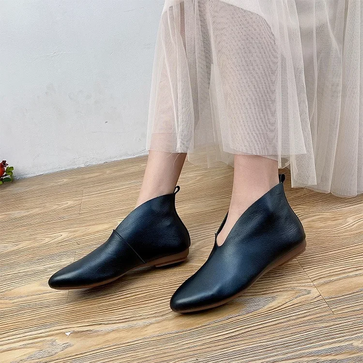 Birkuir Retro Flat Heel Ankle Boots For Women Loafers Slip On Short Boots Luxury Genuine Leather Pointed Toe Casual Lazy Shoes