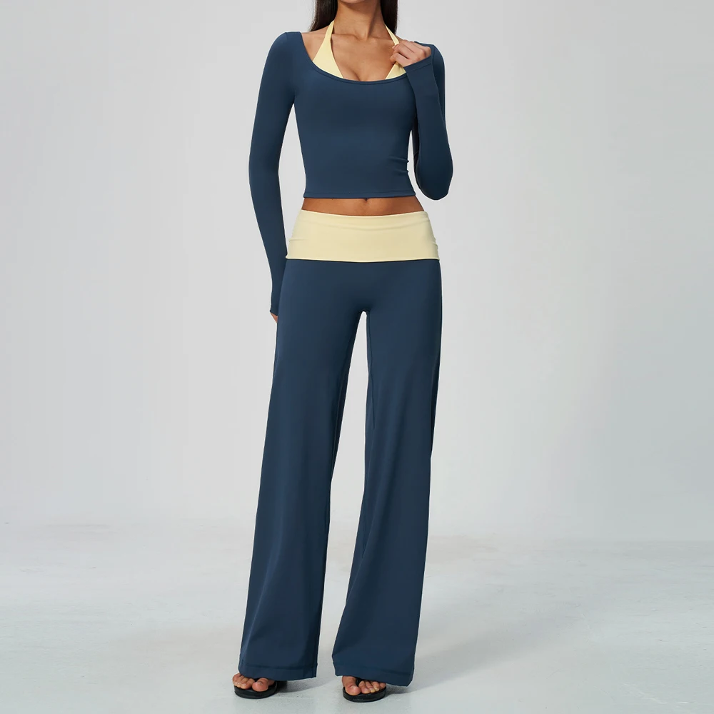 2-teiliger Yoga-Trainingsanzug für kurvige Frauen, kontrastfarbenes, dehnbares, langärmeliges Crop-Top, umklappbare Taille, weit geschnittene Hose, passendes Set – Detail 5