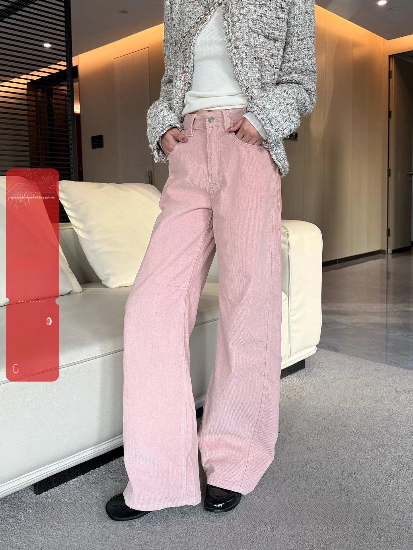 

High Quality Wide Leg Corduroy Pants Women's Pink Cotton 99% Comfortable Casual Trousers Slimming High Waist Zipper Fly
