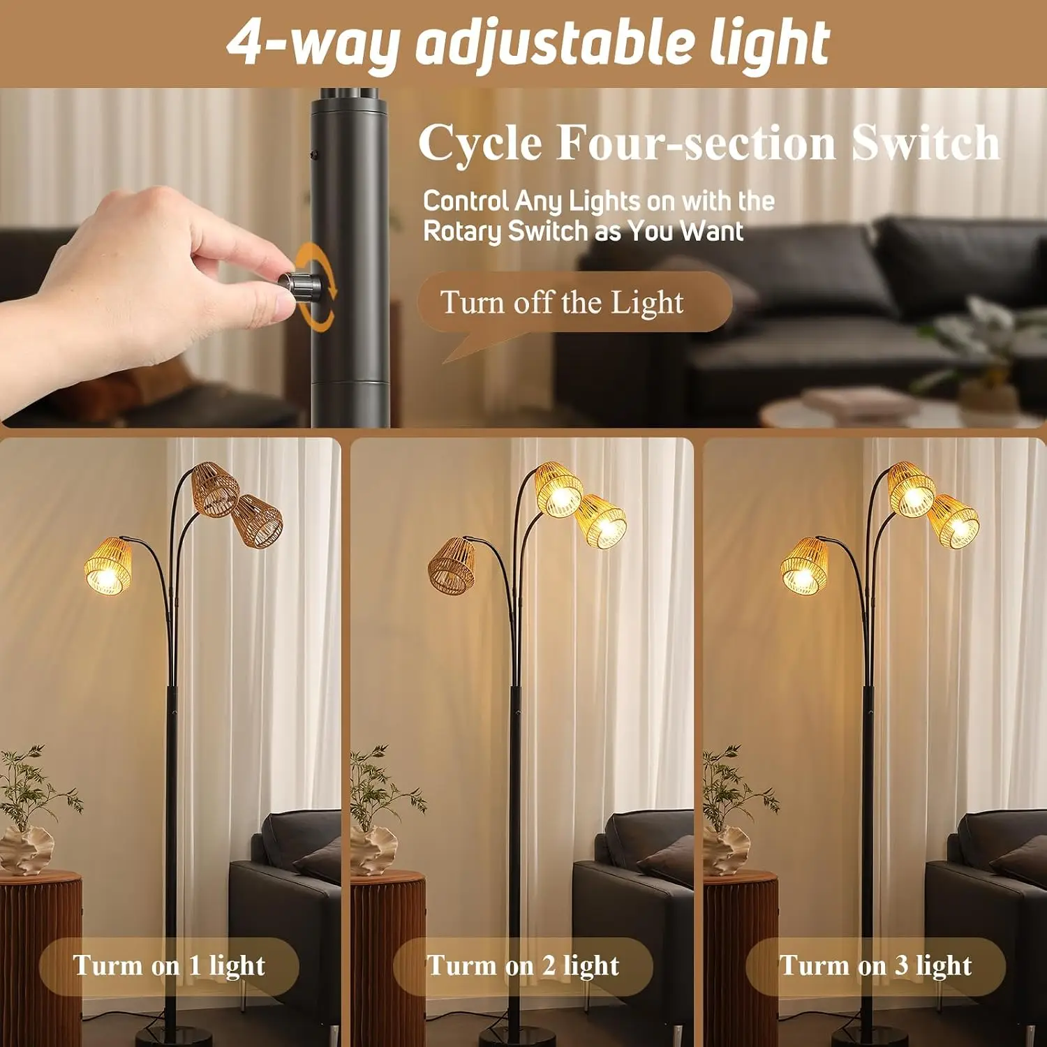Rattan Floor Lamp for Living Room, 72 Inch Tall Boho Floor Lamp with Rotary Switch, 3 Light Arc lamp with Wicker Shade for Coast