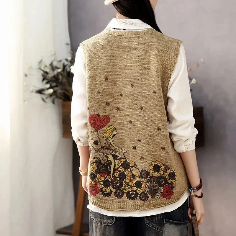 SALEQI Vintage Style V Neck Cardigan Vest 2024 Spring Autumn New Fashion Print Knit Sleeveless Jacket Female Sweater Vest Women