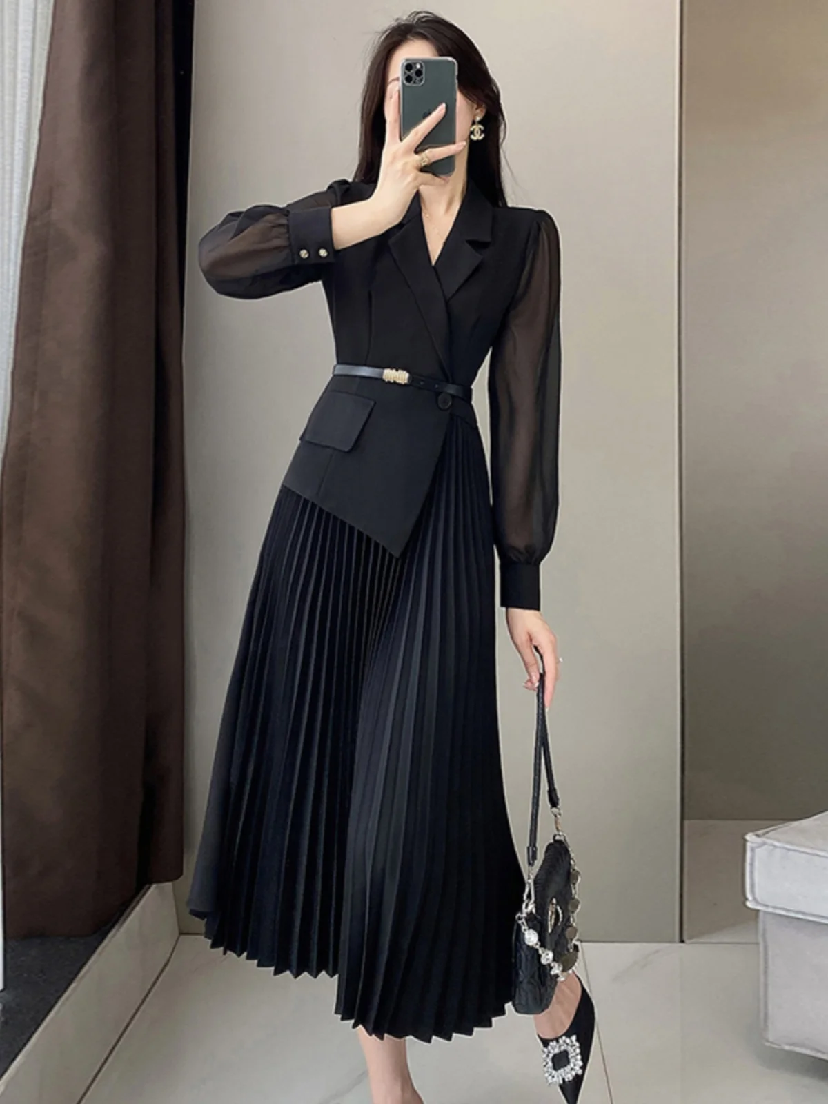 Ele Bla Women's Dr Slimming A-Line High Waist Polyester Fiber Long Sve  Collar Ci Commute Suitable