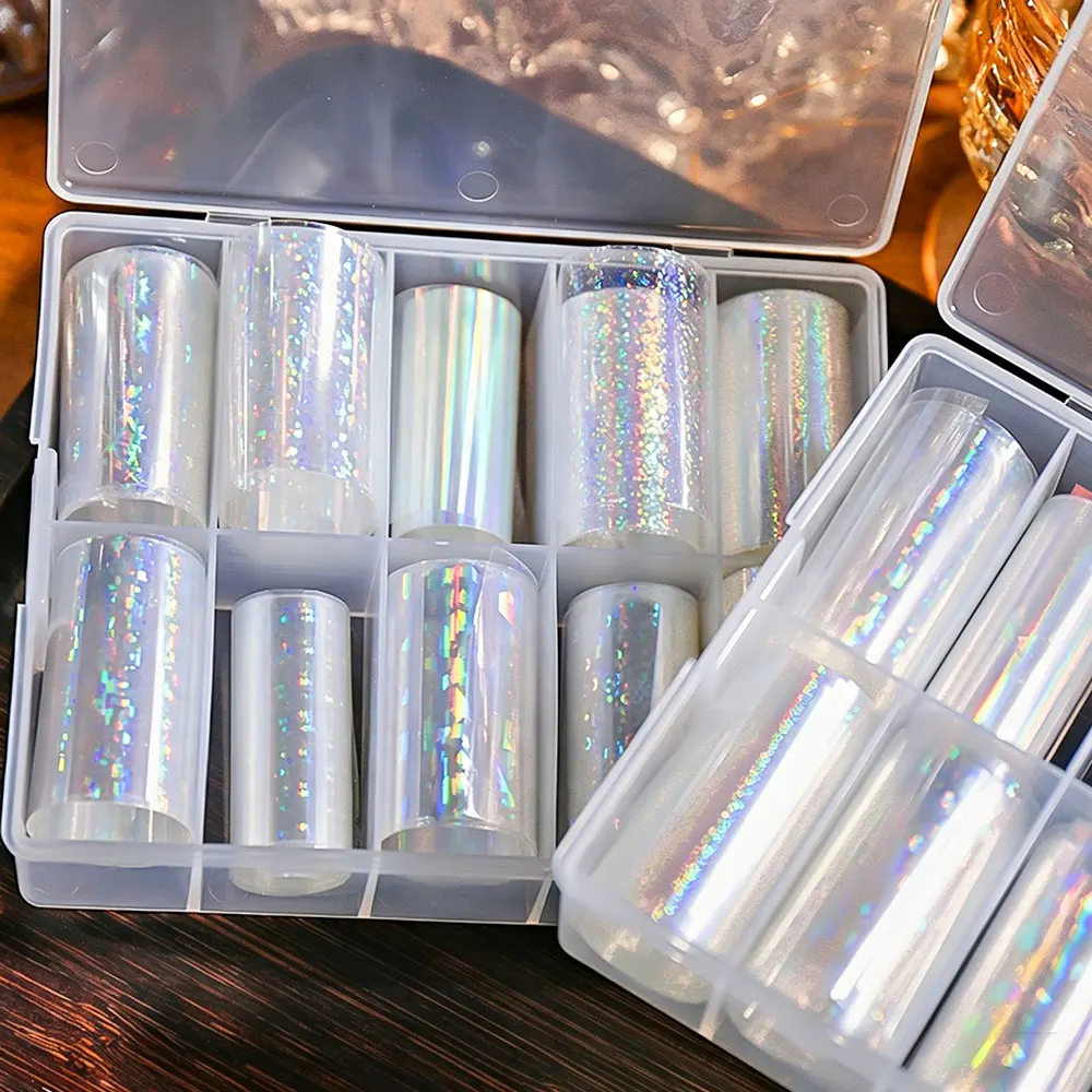10Rolls Clear Aurora Nail Transfer Foil Sticker Laser Glass Fragment Starry Sky Nail Decals Holographic Iridescent Star Nail Dec